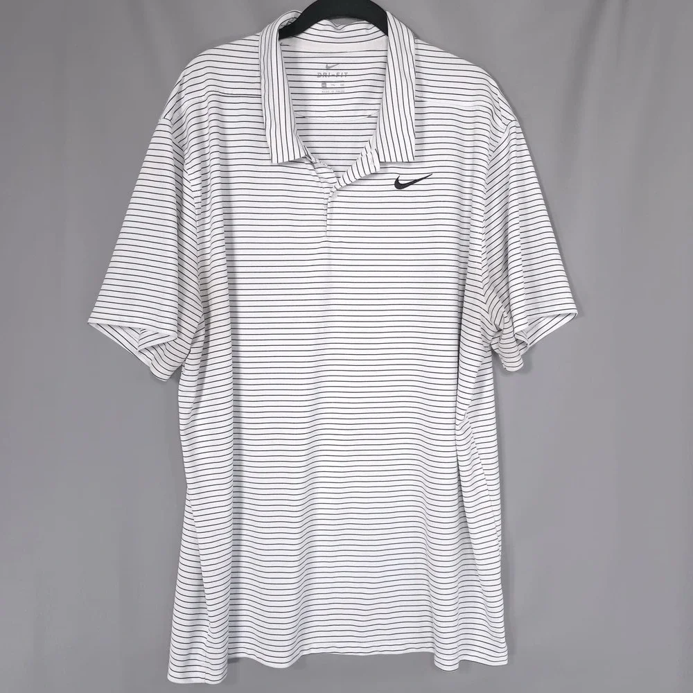 Nike Dri-FIT Polo Shirt‎ Men's 2XL White Black Striped Performance AJ5482 Swoosh